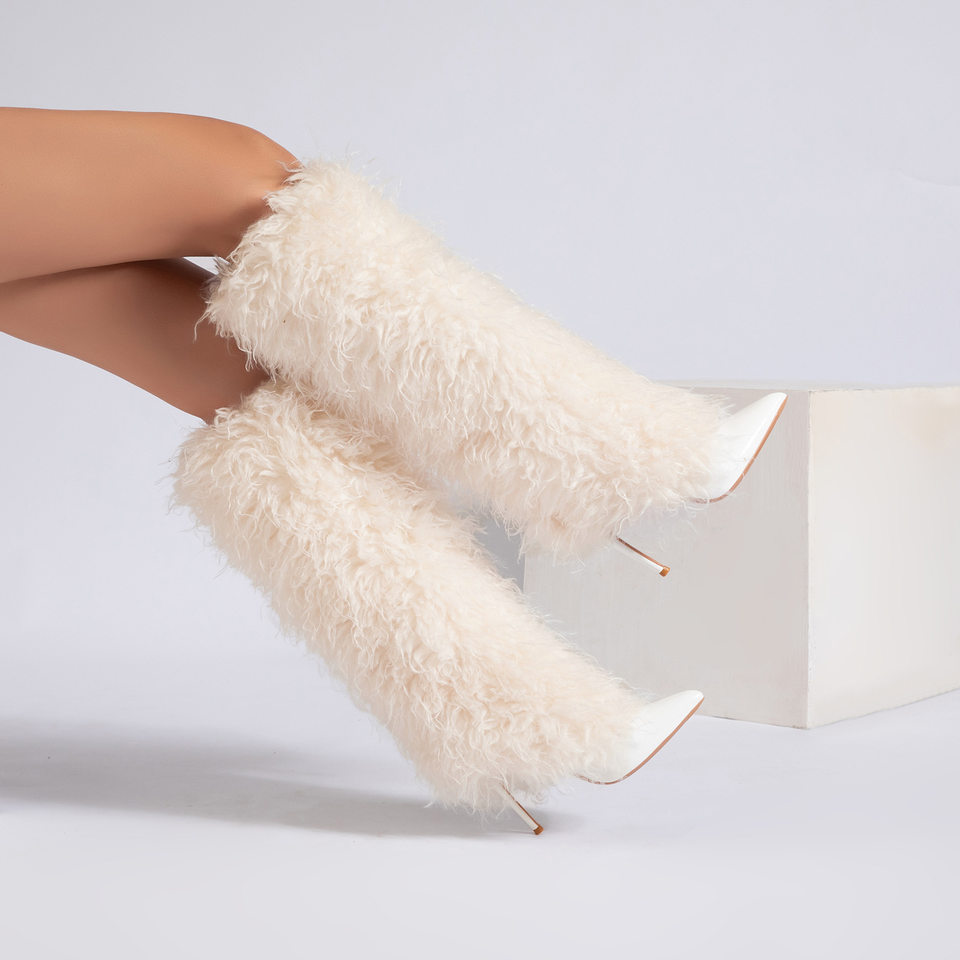 Bốt ngắn mũi nhọn gót cao 12 cm viền lông giữ ấm phong cách thời trang — Màu trắng, màu đen chi tiết 11