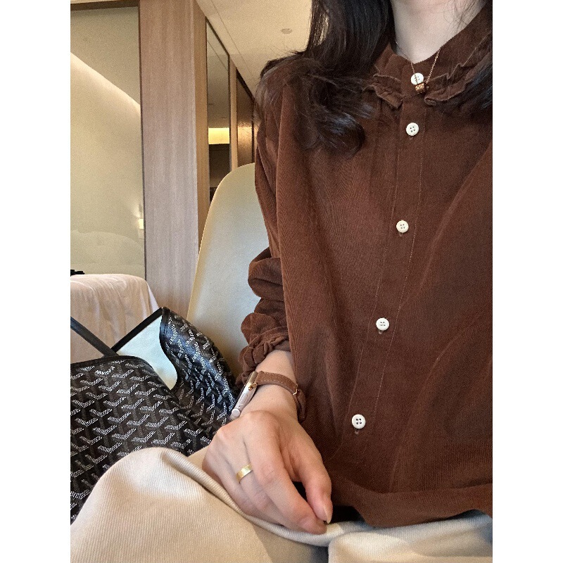 Meilade Women's Brown Shirt, New Early Autumn Loose-Fit Design with Unique Lace Trim and Corduroy Splicing Meilade Women's Brown Shirt, New Early Autumn Loose-Fit Design with Unique Lace Trim and Corduroy Splicing