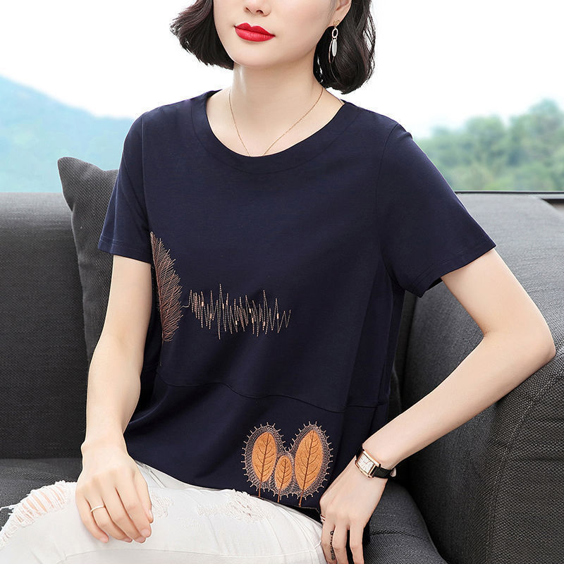 Cotton Middle-Aged Mother's Clothing Embroidered Short-Sleeved T-Shirt Women's Large Size 2024 Summer New Trendy Korean Style Loose Women's Top