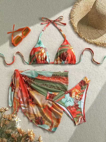 2026 New European and American Cross-Border Apron Three-Piece Bikini Flower Print Lace-Up Swimsuit Women's Swimwear Manufacturer