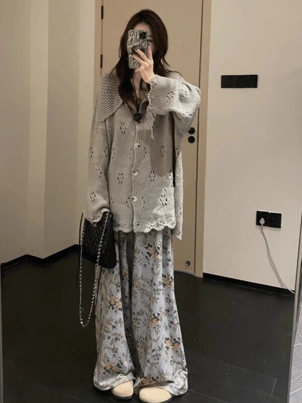 慵懒风钩花镂空外套海军领针织开衫女春秋灰色外搭宽松显瘦高级感|undefined