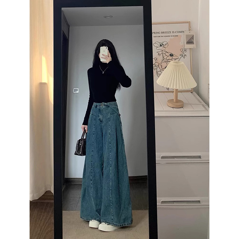 Spring Vintage Straight-Leg Jeans Women's plus size chubby girl Pear-Shaped Body Loose Slimming High Waist Wide Leg Trousers