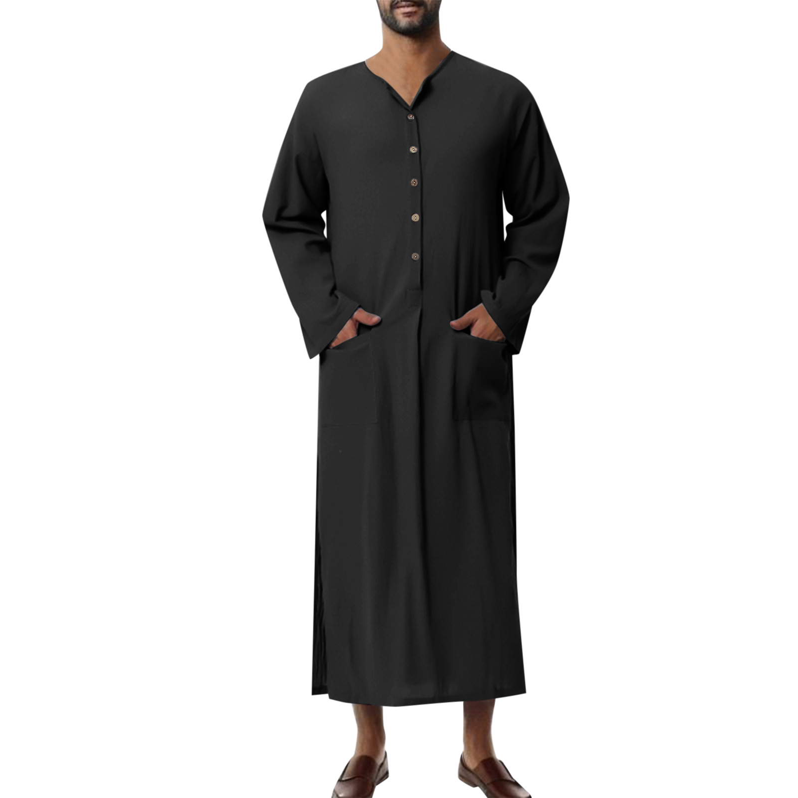 Sommer Herren Langarm Einfarbig Reine Baumwolle Lose Robe männer Muslimischen Robe_voghion.com