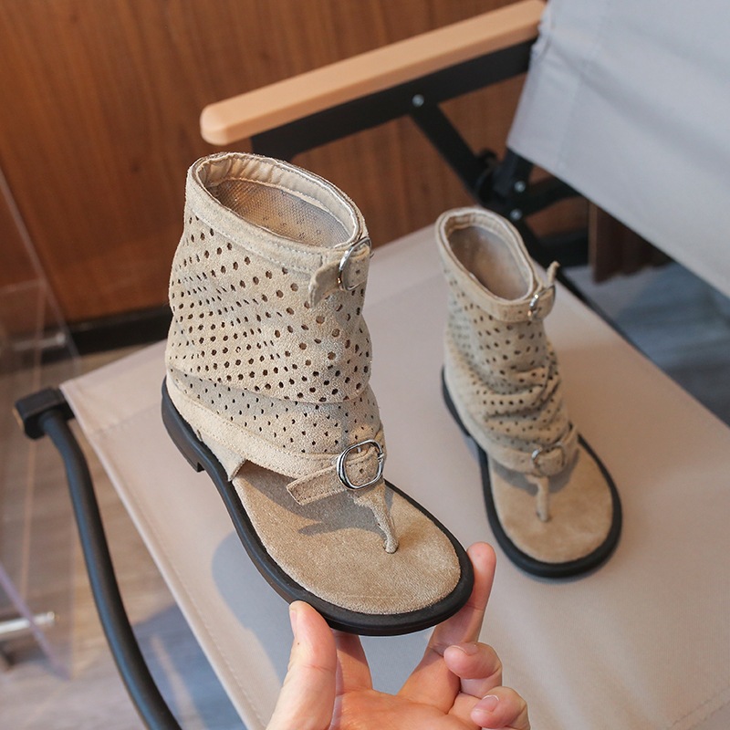 Girls French Toe Sandal Boots with Buckle Strap Openwork Summer Roman Princess Style Sandals_voghion.com