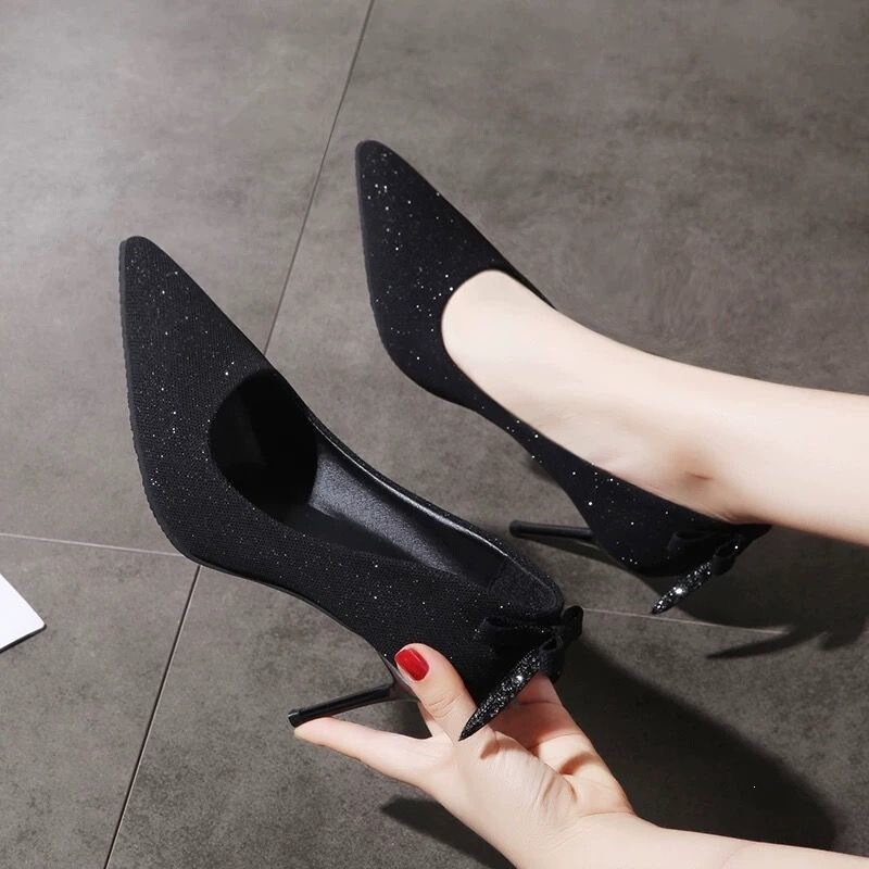 2022 Spring and Summer New Style High-Heeled Shoes for Women, Full-Covered Stiletto Heels, Pointed Toe, Sequined Bow, Bridal Wedding Shoes, Single Shoes