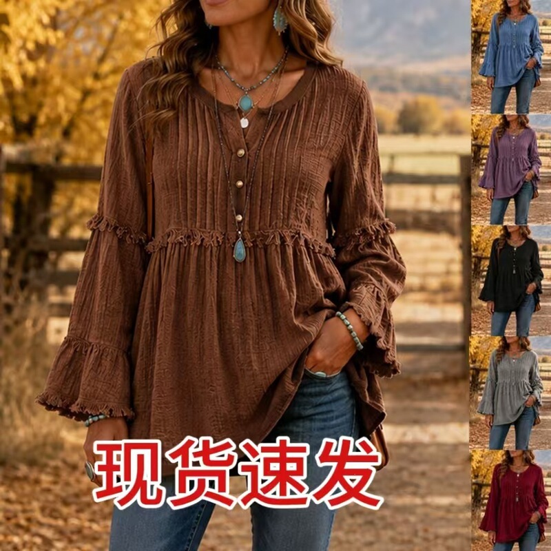 2026 European and American women's fashion Amazon independent station lace loose shirt tassel patchwork top button casual sweatshirt 2026 European and American women's fashion Amazon independent station lace loose shirt tassel patchwork top button casual sweatshirt