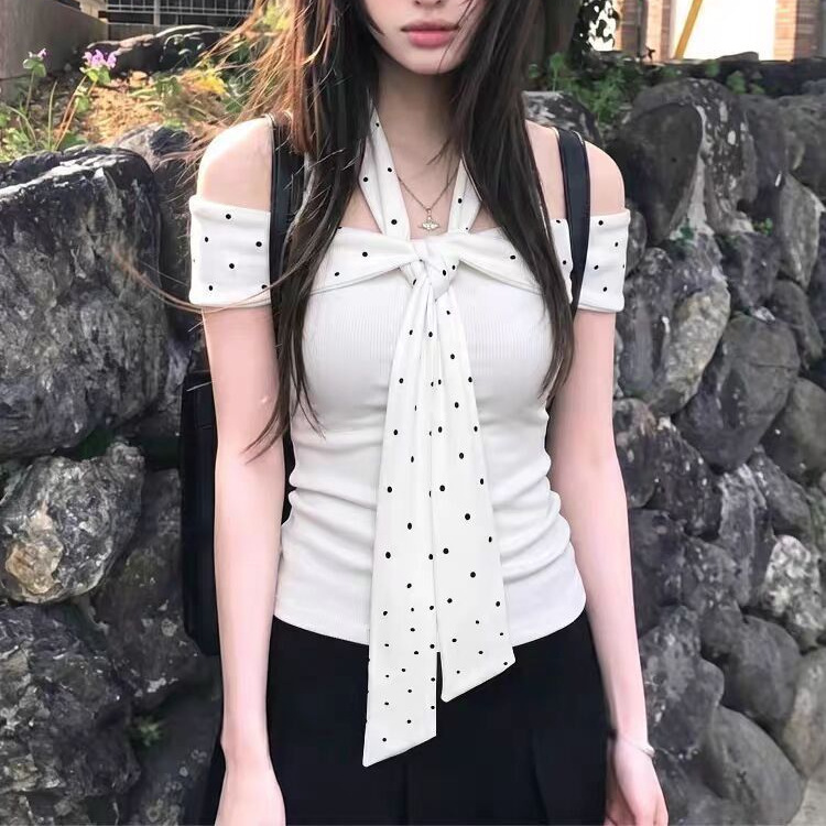 Off-Shoulder Polka Dot Bowknot One-Shoulder Short-Sleeve T-Shirt for Women, Summer Slim-Fit Pure Desire Halter Neck Sexy Top Off-Shoulder Polka Dot Bowknot One-Shoulder Short-Sleeve T-Shirt for Women, Summer Slim-Fit Pure Desire Halter Neck Sexy Top