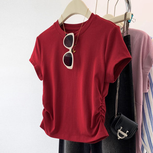 Thin Pure Cotton Right Shoulder Waist Slimming Look Pleated Round Neck Red Sexy Tight Short-Sleeved T-Shirt Top for Women Summer