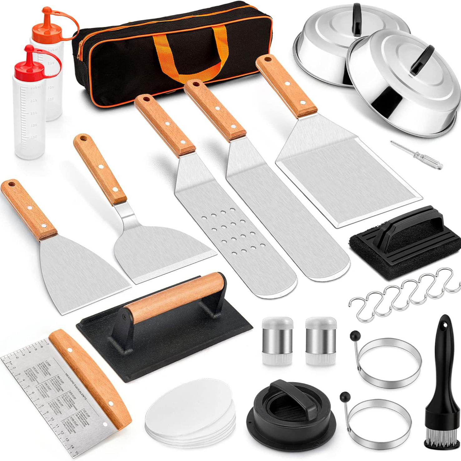 Amazon Hot sale acero inoxidable parrilla herramienta set al aire libre barbecue hierro guisado mango de madera cocinar combinación de cocina de grasa