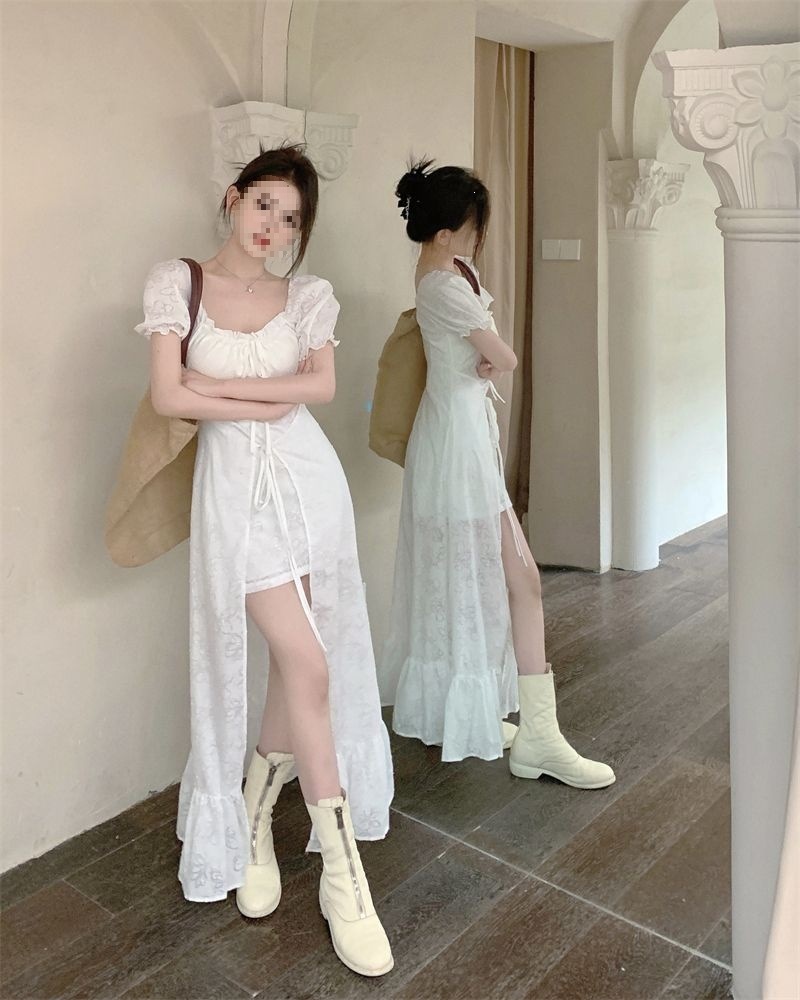 Váy dài cổ vuông tay ngắn thắt eo phong cách Pháp mùa hè — màu trắng chi tiết 13