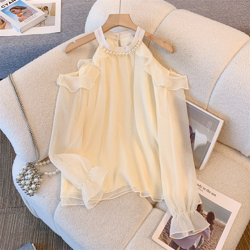 Spring and Autumn New French Elegant Pure Desire Shoulder-Strap Slimming Blouse Japanese Fresh Sweet Long-Sleeve T-Shirt Top for Women