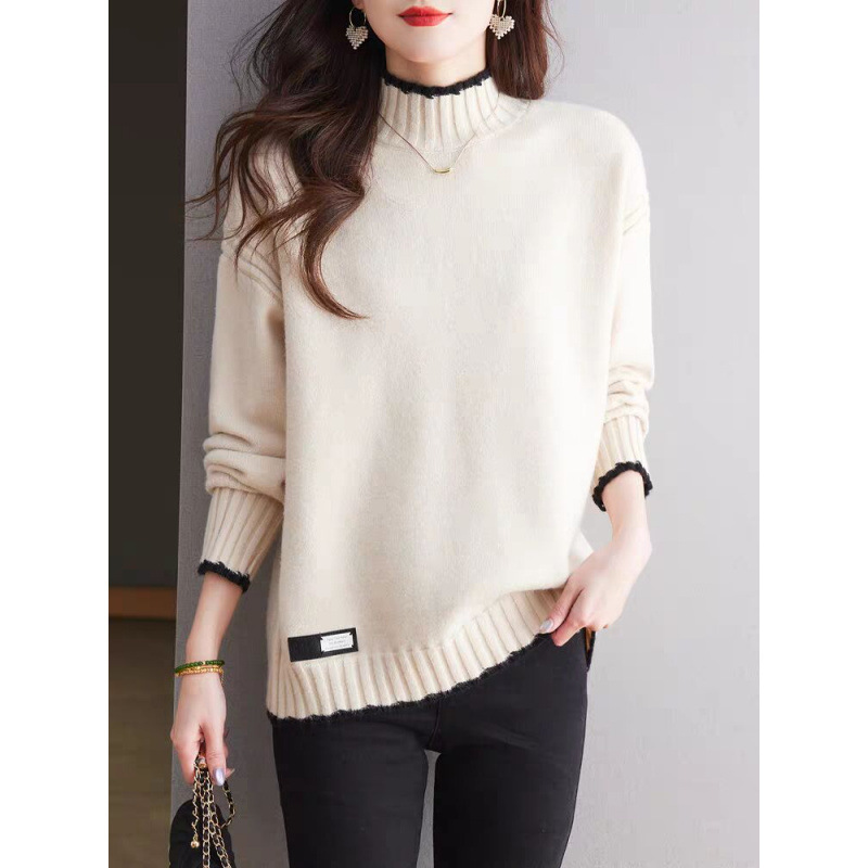 Playera de Punto con Cuello Medio Alto de Acrílico y Nailon Bloque de Color para Otoño e Invierno