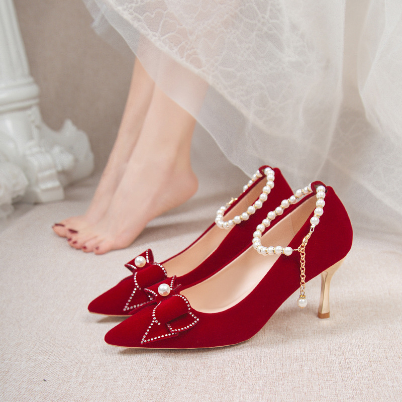 Red Wedding Shoes Women's 2023 Spring New Bridal Shoes Thick Heel Toast Shoes Pregnant Women's Not Tired Feet Wear