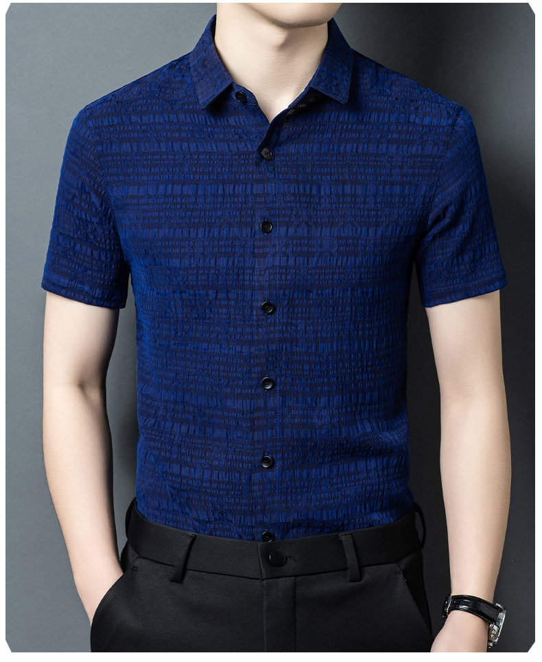 Áo sơ mi ngắn tay nam lụa tơ tằm 100% Mulberry Silk họa tiết jacquard Corinthian — Xanh da trời2635 chi tiết 9