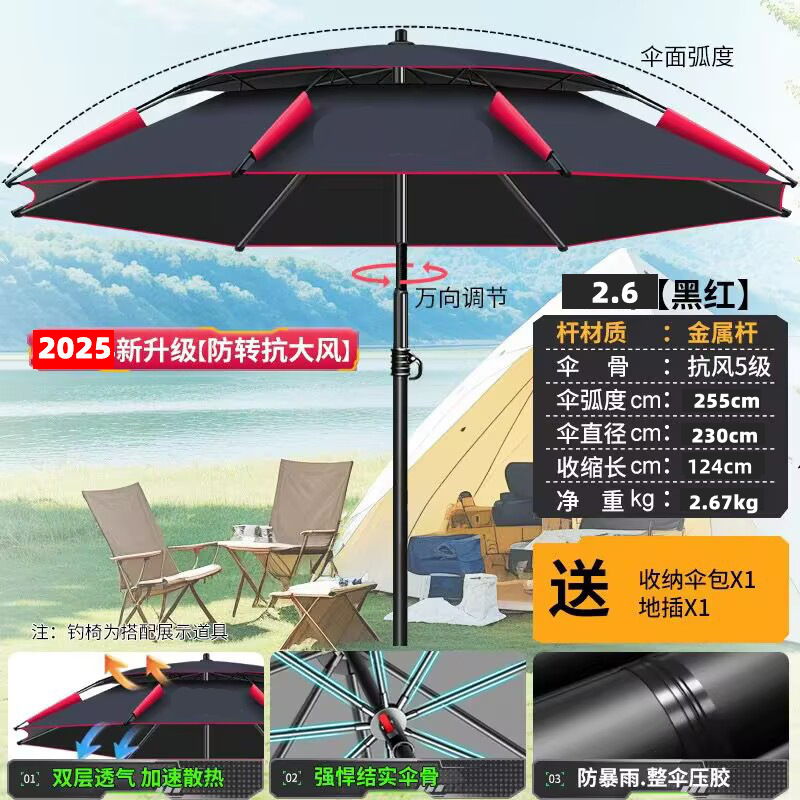 新款钓鱼伞新款遮阳伞户外露营伞便携带黑胶防晒拐杖伞露营垂钓专|undefined