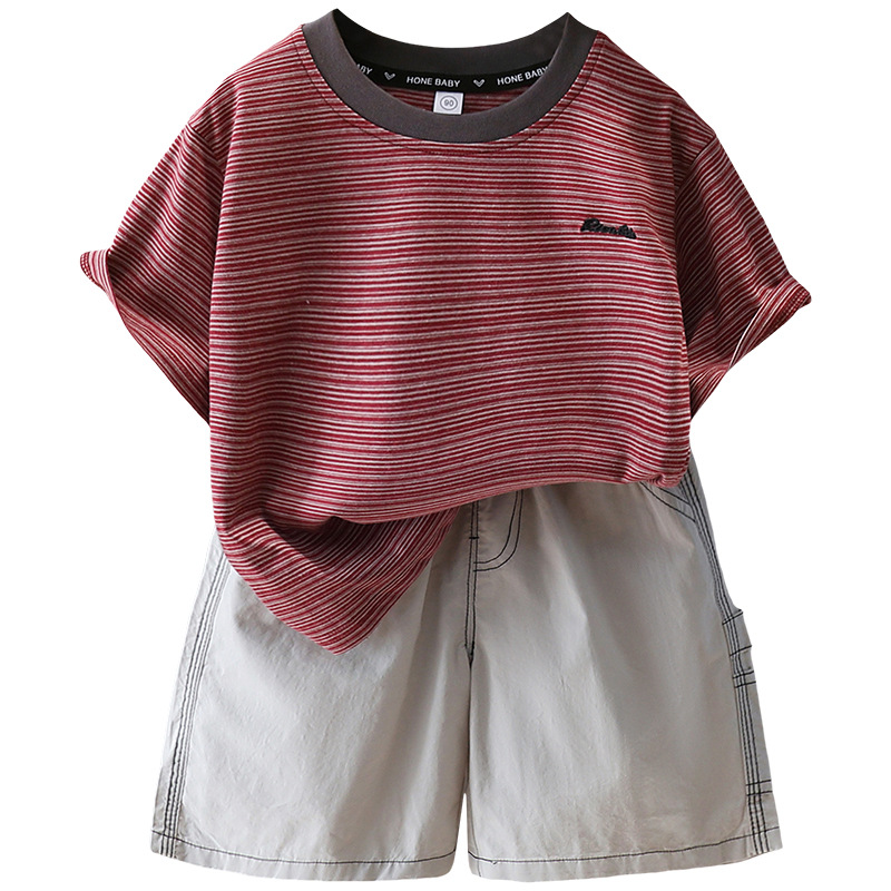 7368 Ropa para niños Traje de verano para niños Camiseta a rayas coreana para niños Verano Pantalones cortos de manga corta de moda de dos piezas Verano 5