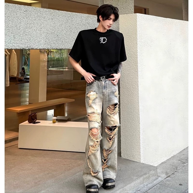 Vintage Blue Distressed Ripped Jeans for Men, Summer Thin Style, Wasteland Style Pants, American High Street Wide-Leg Flared Pants Vintage Blue Distressed Ripped Jeans for Men, Summer Thin Style, Wasteland Style Pants, American High Street Wide-Leg Flared Pants