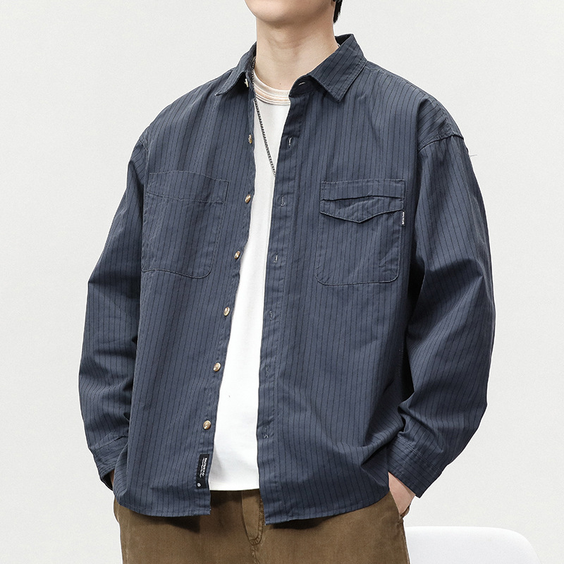 レトロなストライプのシャツの男性のコートの春と秋の新型のゆったりしたカジュアルなシャツの男性の高級感の長袖のシャツ|undefined