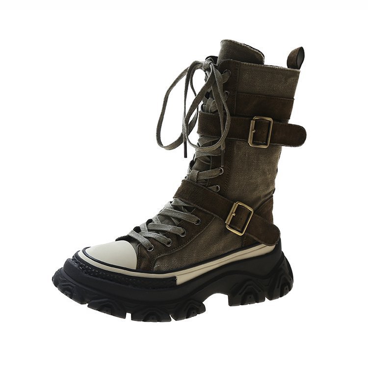 Women's Shoes Thick Martin Old Retro Workwear High Top Knight Boots Round Toe Platform Low Side Zipper Leather_voghion.com