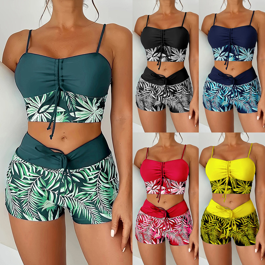 High Waist Lace up Print Swimsuit for Women Split Boxer Style Solid Color Splicing Design European American Foreign Trade 2024 Large Size_ecoleips.com