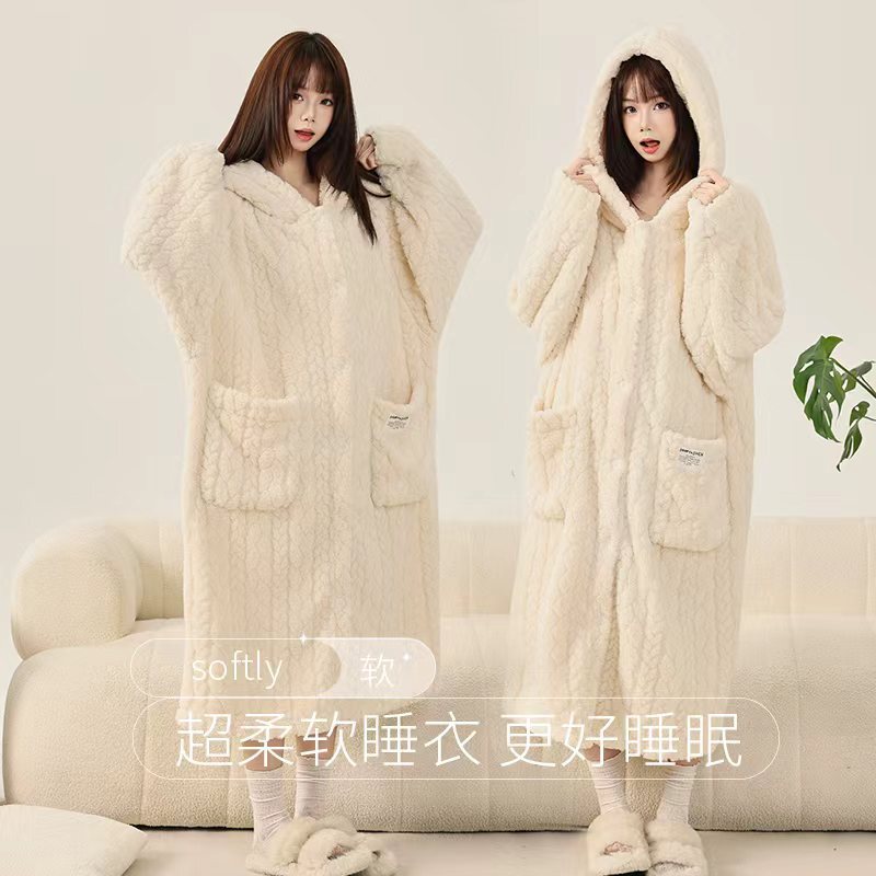 Plush Pajamas for Women, Winter Coral Fleece Thickened and Fleece-Lined, Long Autumn and Winter Bathrobe, Cute Bathrobe, Morning Robe, Hooded Nightgown Plush Pajamas for Women, Winter Coral Fleece Thickened and Fleece-Lined, Long Autumn and Winter Bathrobe, Cute Bathrobe, Morning Robe, Hooded Nightgown
