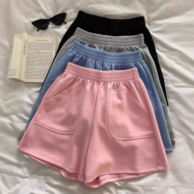 Summer New Style Elastic Waist Casual Wide-Leg Pants with Pockets, Stylish Design, Thin Straight-Leg Women's Sports Shorts
