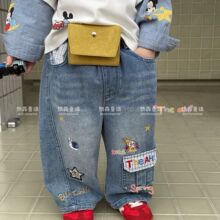 2026春季新款软牛仔男童小童韩版格子拼接百搭口袋工装牛仔裤潮流