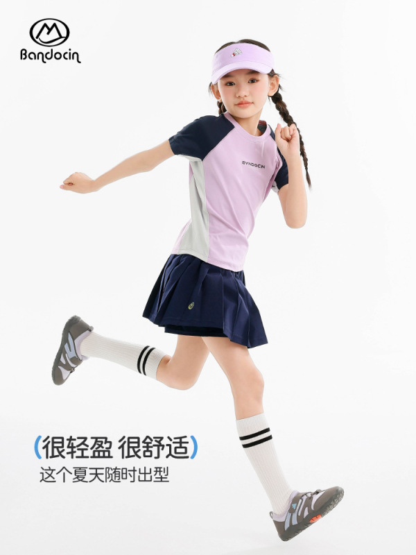 ハーフデグリーレジャーガールズスポーツ速乾服夏薄手スタイル2025新しい子供の夏半袖Tシャツトレンディ|undefined