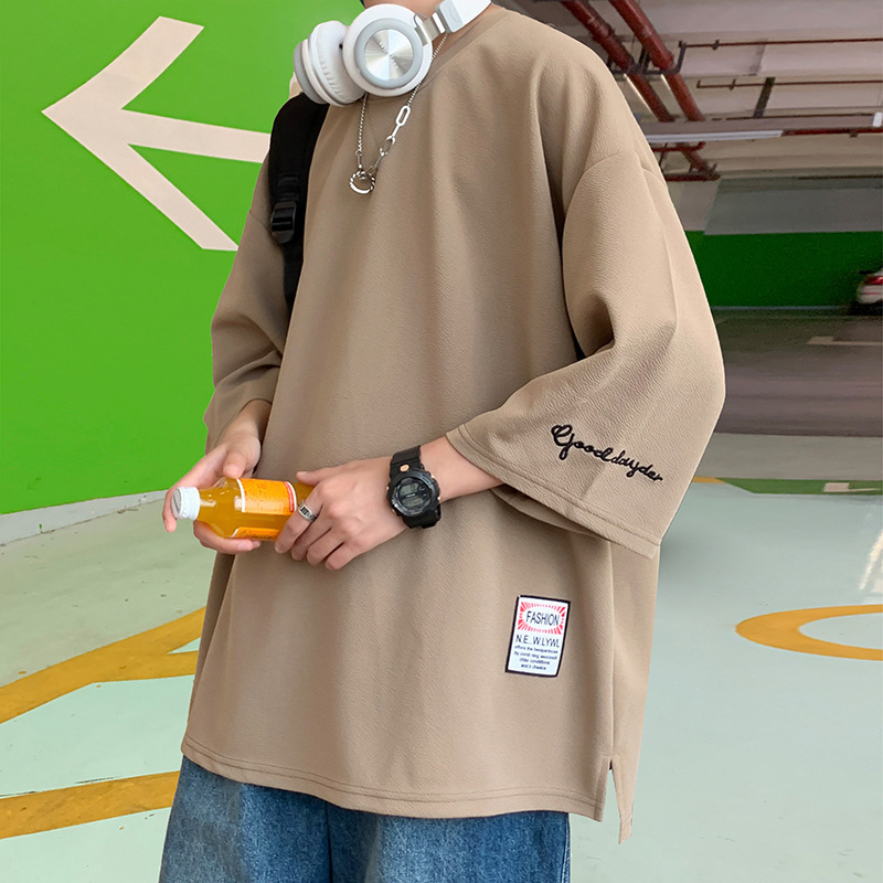 2023 Hong Kong Style plus size Men's Fat Embroidered Seven-sleeved T-shirt Plus Super plus size Loose Seven-sleeved Student Top