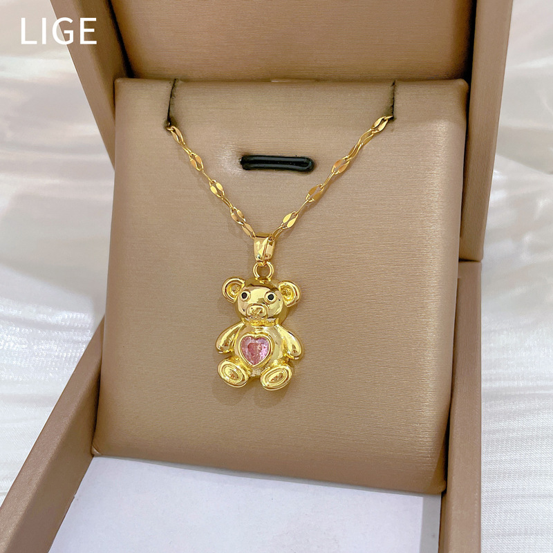 Gorgeous Pink Bear Necklace Full Diamond Luxury Temperament Chain_voghion.com