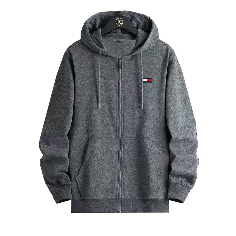 Men's Embroidered Logo Zip-Up Hoodie with Drawstring, Casual Simple Fleece-Lined Sports Jacket Men's Embroidered Logo Zip-Up Hoodie with Drawstring, Casual Simple Fleece-Lined Sports Jacket