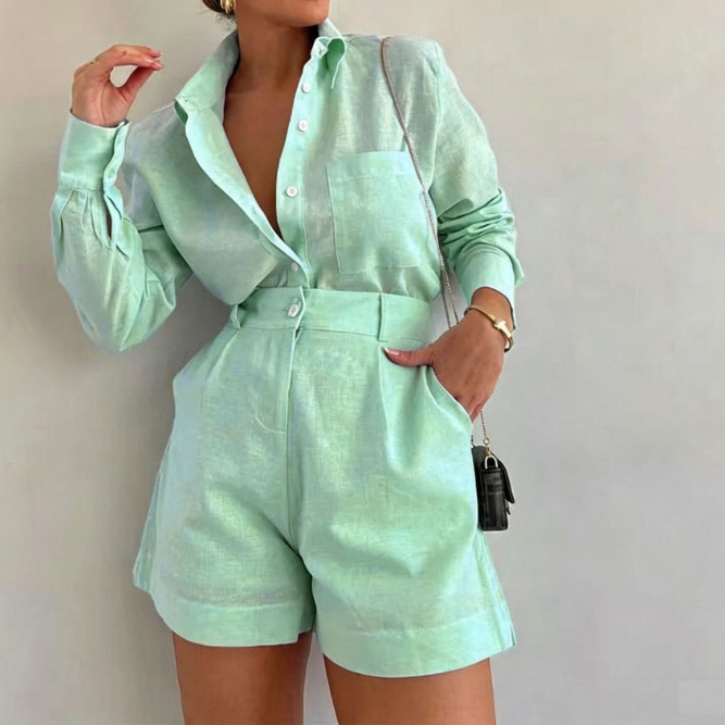 Imitation Linen Blend Women's Shirt and Shorts Set, Solid Color, Elegant and Stylish for Commuting, New European and American Cross-Border Style Imitation Linen Blend Women's Shirt and Shorts Set, Solid Color, Elegant and Stylish for Commuting, New European and American Cross-Border Style