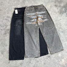 高品质vintage 破坏贴布刺绣宽松休闲美式新款直筒牛仔裤子男长裤