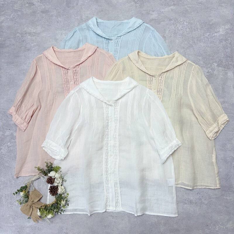 Japanese-Style Summer New Lace Ramie Sailor Collar Short-Sleeve Shirt, Sweet and Cute Forest Style, Thin Sun-Protective Top for Women Japanese-Style Summer New Lace Ramie Sailor Collar Short-Sleeve Shirt, Sweet and Cute Forest Style, Thin Sun-Protective Top for Women