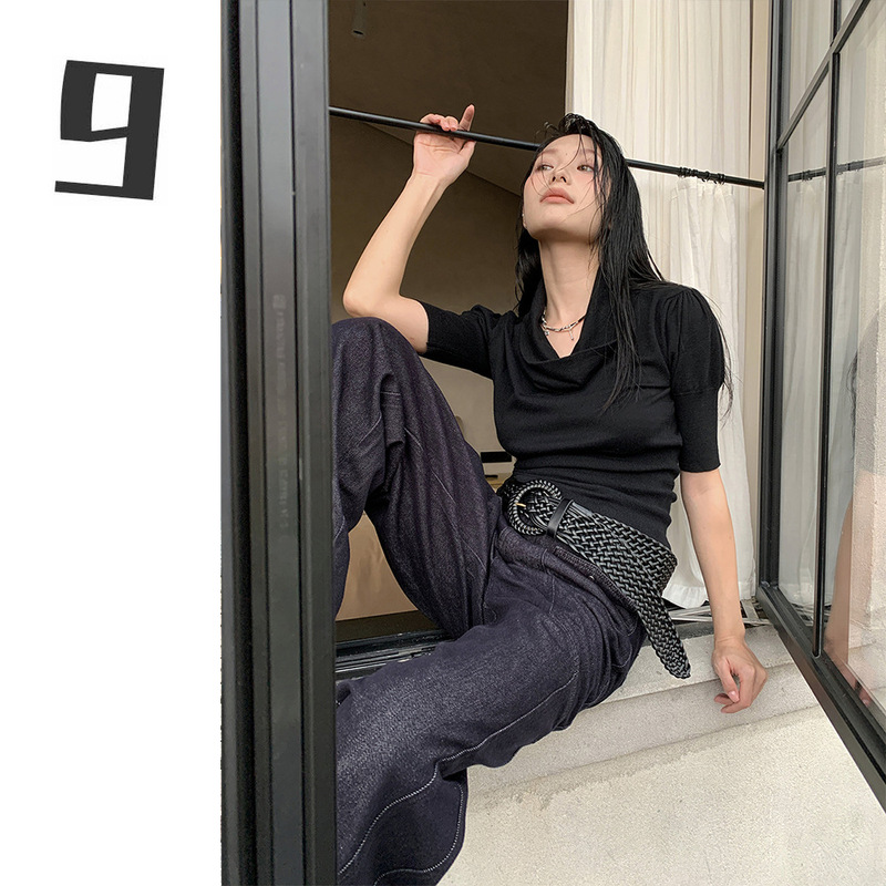 [9Hour] French Swing Collar Puff Sleeve Knitwear for Women 2025 Autum Slim and Versatile Top for Women Cm1276