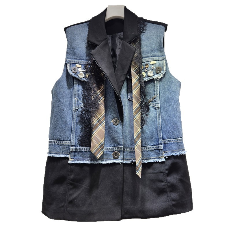 Productos europeos otoño / invierno 2025 nuevo encaje de denim empalmado sensación de decoración tridimensional suelta chaleco chaqueta de mujer image 5