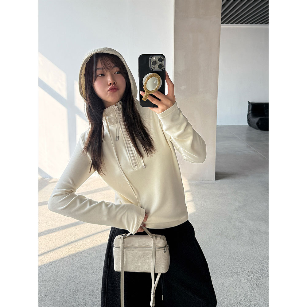 【王琪芝】薄绒休闲简约连帽t恤女通勤运动风抽绳拼接上衣WQ113