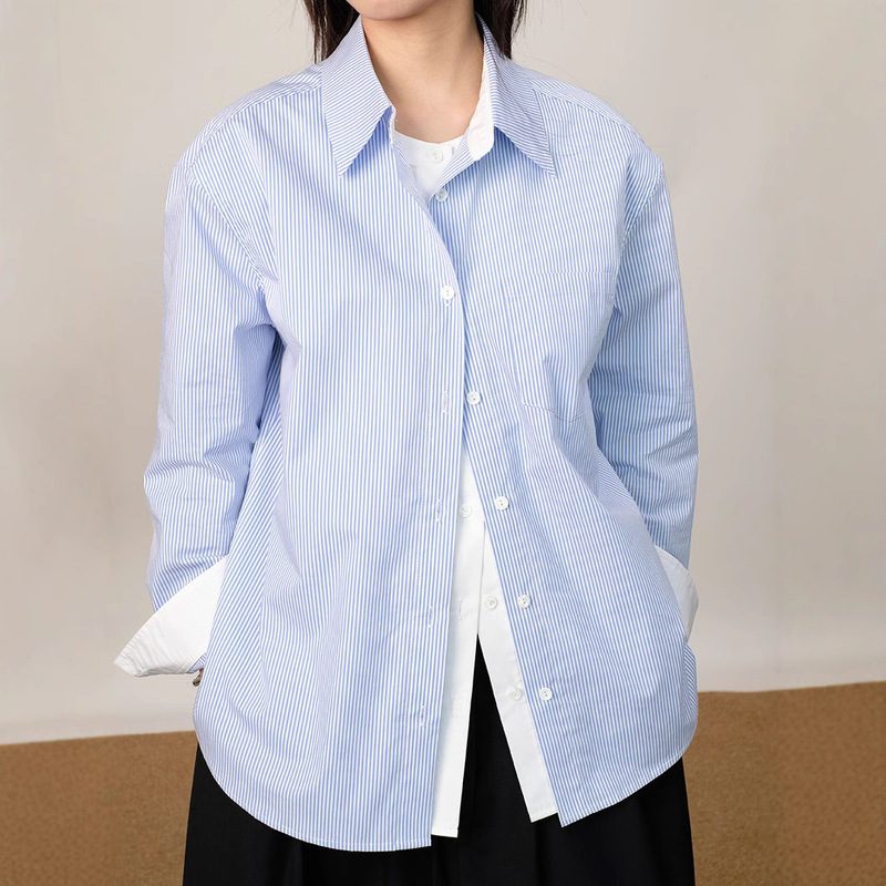 25 Spring and Summer Cotton Loose Fake Two-piece Blue and White Striped Contrast Shirt Small and Exquisite Design Sense Long Sleeve Top 25 Spring and Summer Cotton Loose Fake Two-piece Blue and White Striped Contrast Shirt Small and Exquisite Design Sense Long Sleeve Top
