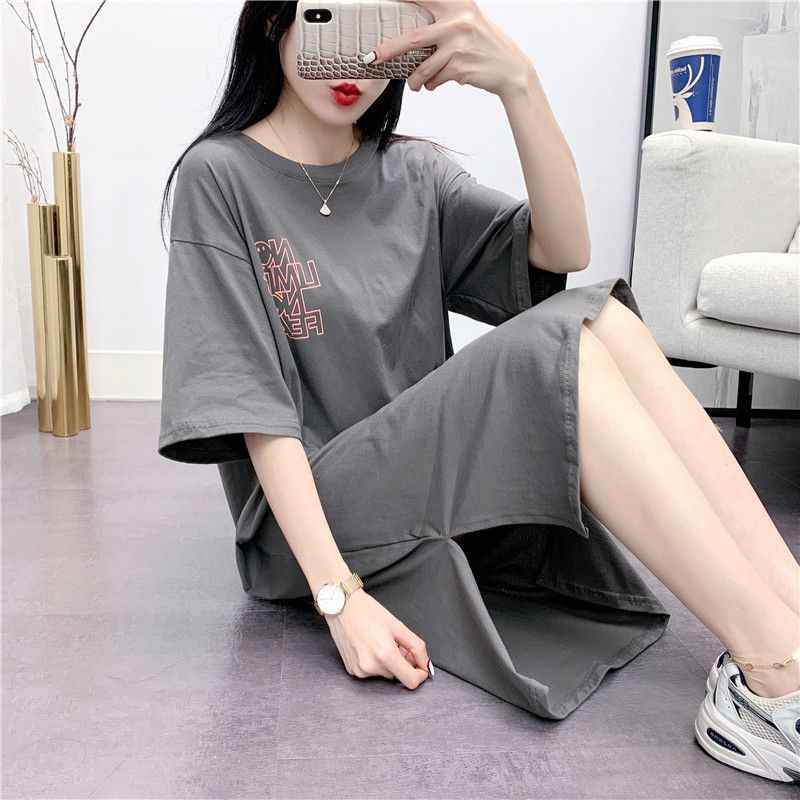 Pure Cotton Hong Kong Style Casual Letter Printed Short-Sleeved Dress for Women Plus Size Plus Fat Belly Covering Pregnant Women Lazy Skirt T-Shirt Dress