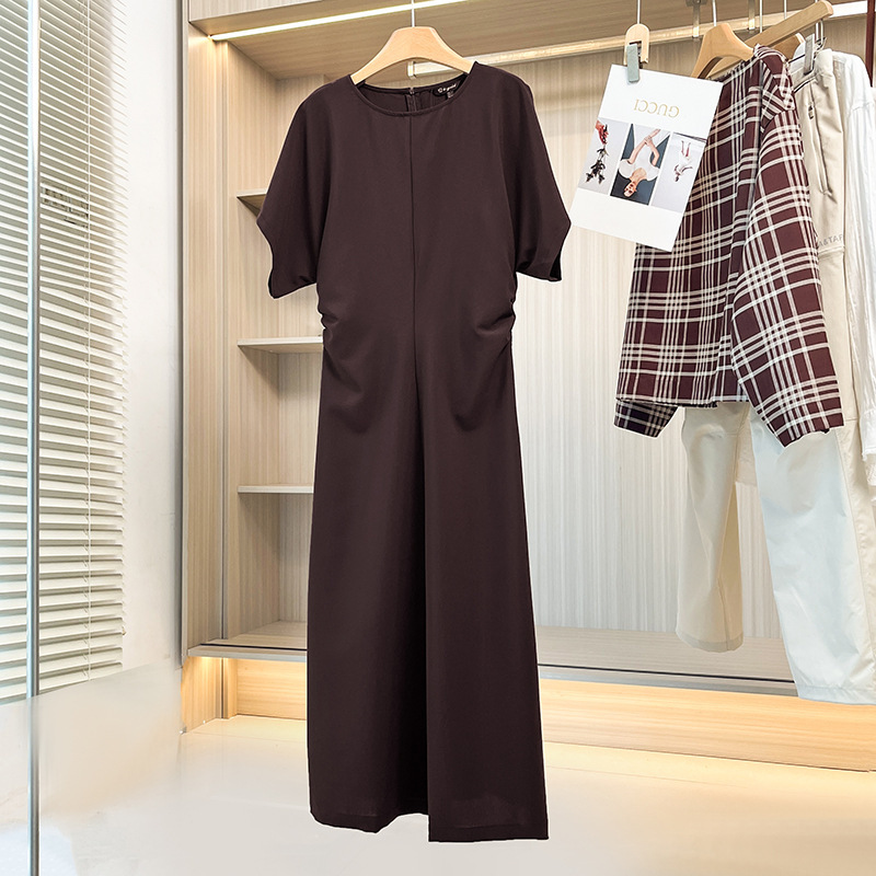 Spanish D! 2025 Summer New Simple Old Money Style Ruched Waist Round Neck Elegant Short-Sleeve Dress for Women