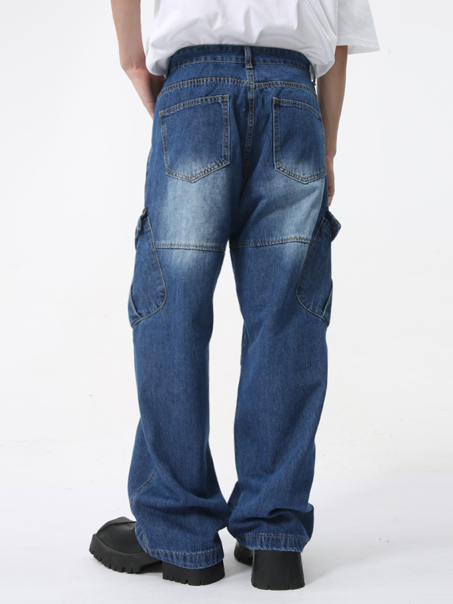 MTLCLOTHES para hombre | 2024 verano nuevo producto deconstrucción de nicho de bolsillo grande azul oscuro jeans de trabajo blanco