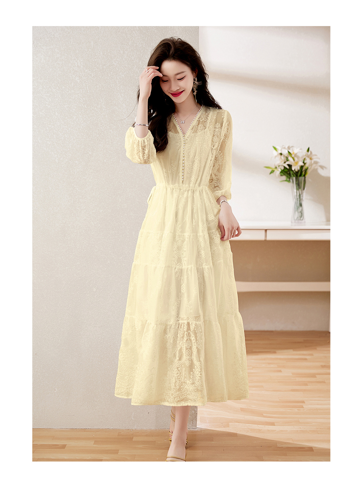 Đầm maxi nữ cổ V thắt eo dáng dài thanh lịch NY1608 — xanh lam, màu tím, màu vàng chi tiết 24