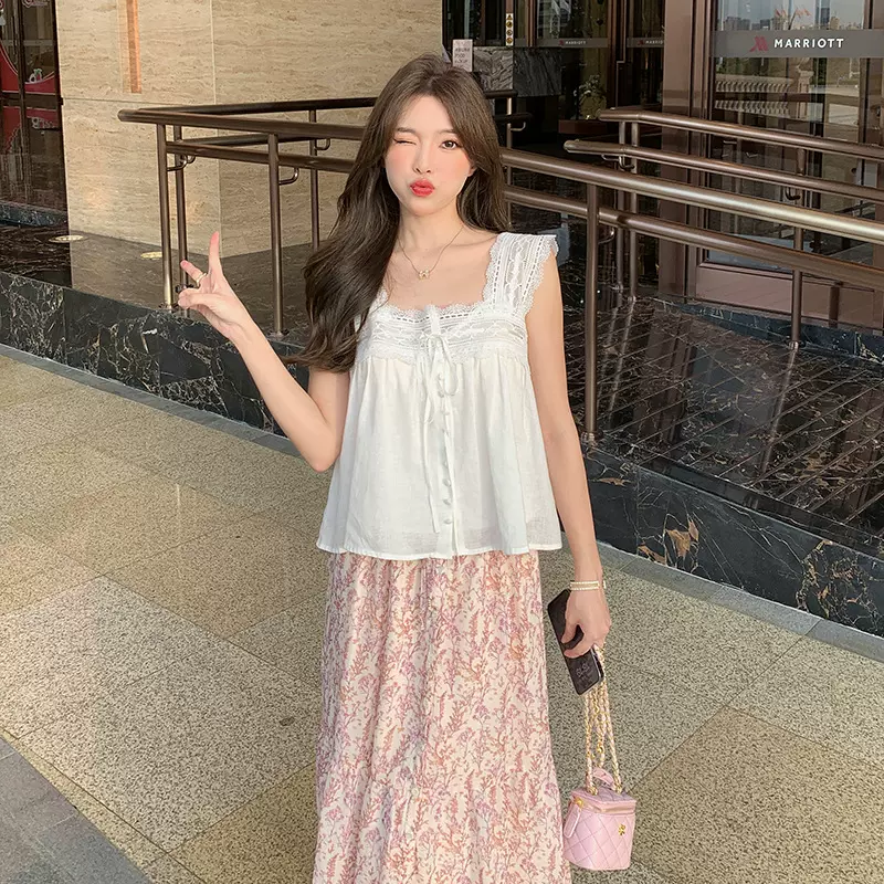 一口小豆蔻设计感夏季棉麻纯色无袖上衣高腰显瘦半身长裙两件套