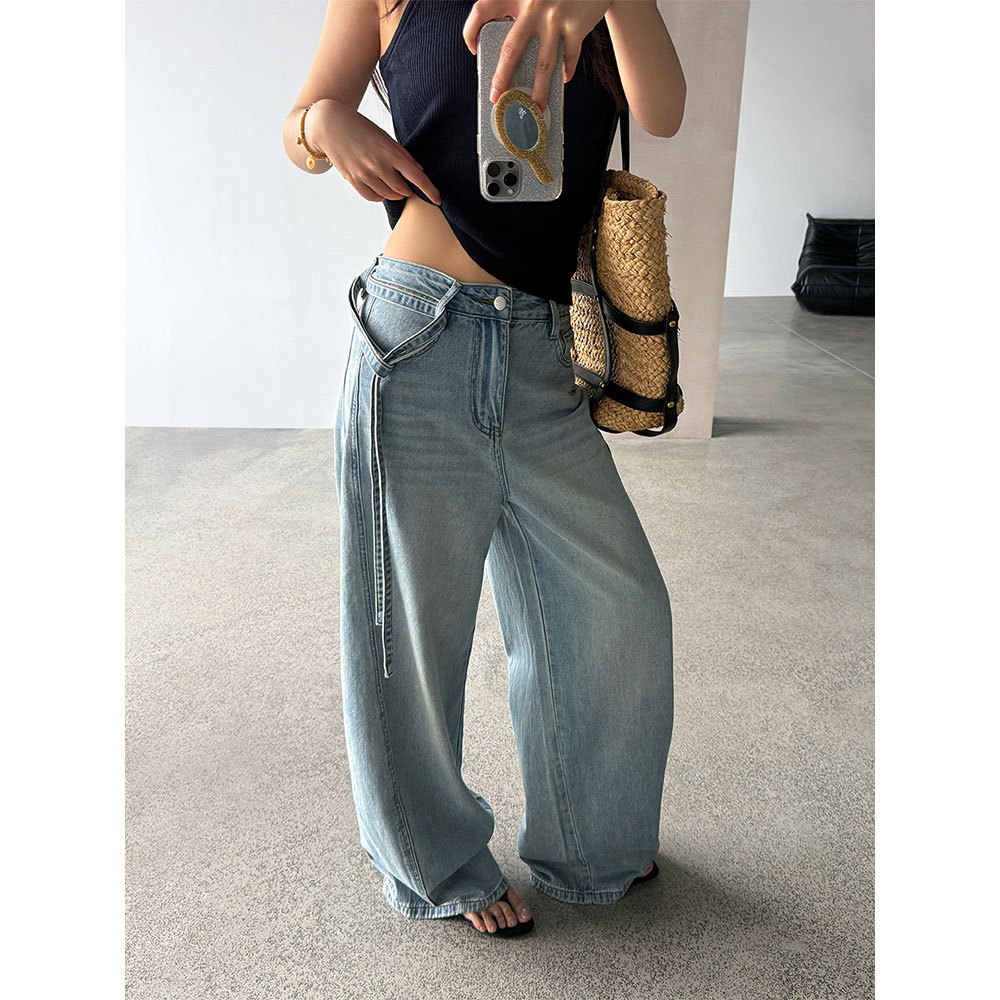 【王琪芝】软牛仔高腰阔腿裤女春夏腰绳宽松显瘦复古休闲裤WQ218