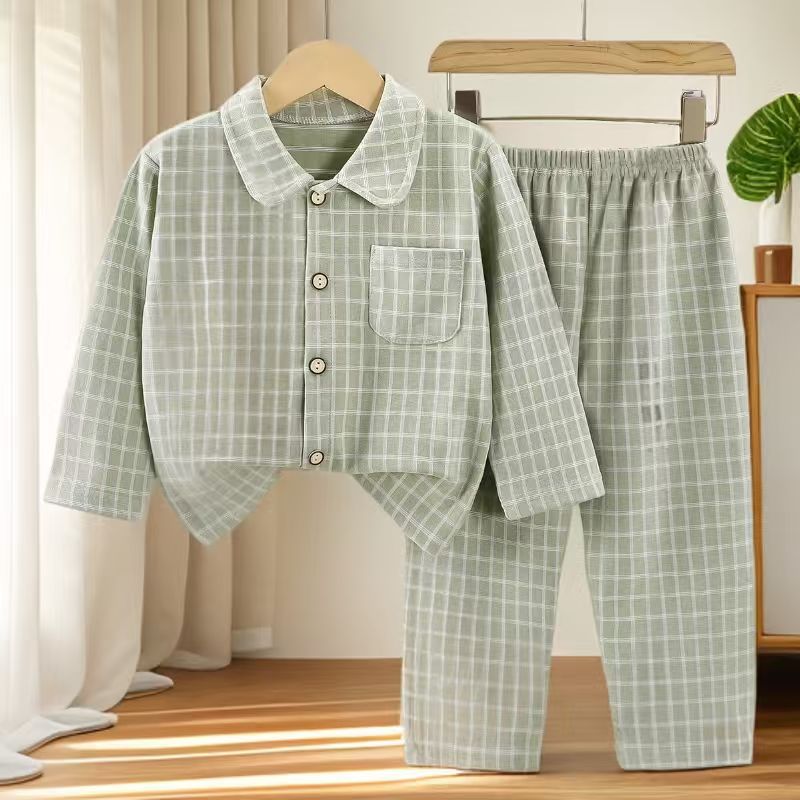 Pajamas infantiles de cotton de estilo coreano para niños y niñas, camisetas simples a cuadros, ropa para el hogar con solapa de dos piezas para mantener el calor