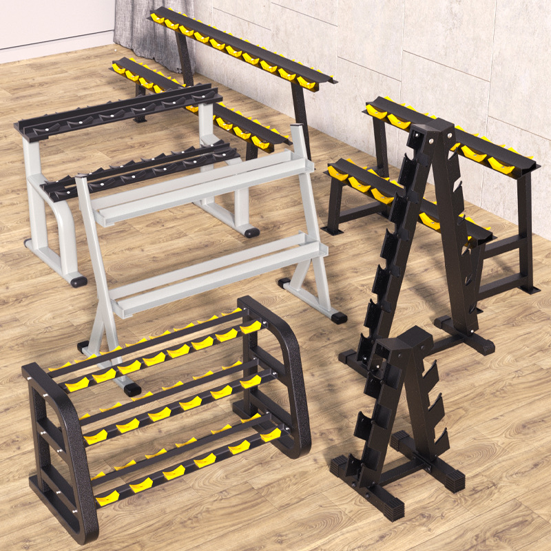 Estante de tres capas con mancuernas cabeza redonda recubierto de goma galvanoplastia traje con mancuernas estante de almacenamiento comercial educación privada equipo de fitness de estudio