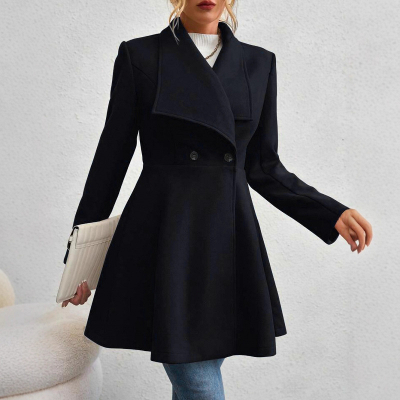 A Stylish Long Woolen Coat With A Fitted Collar For Autumn And Winter, Featuring A Fashionable Turned-Down Collar For Wo_ecoleips.com