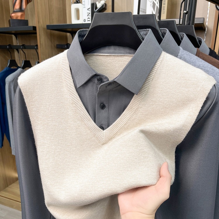 V-neck vest shirt collar knit sweater, a two-piece look, solid color jacquard, 2026 autumn new collection, trendy business casual wear for men