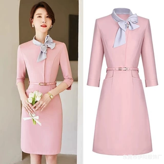 职业连衣裙女春秋气质粉色医美前台接待美容师工作服女高端美容院