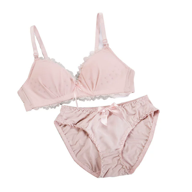 Push‑up wireless bra set, lace trim and bow, thin cups, pretty back, sizes 70AB–85AB